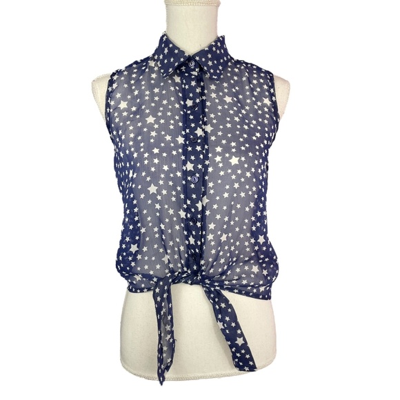 Star Print Lattice Sleeveless Blouse M Tie Waist Collared Caged Navy Blue Top - Picture 13 of 13